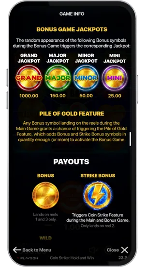 Écran info avec règles des fonctionnalités